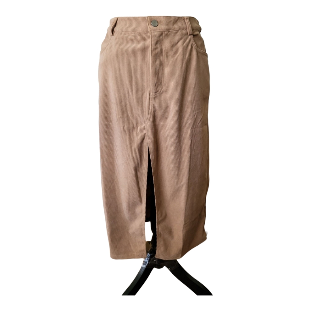 Lulu's Refreshing Romance Tan Corduroy Midi Skirt With Slit. Size M New‎